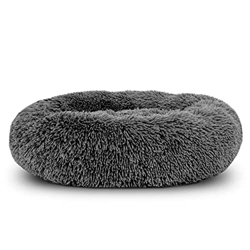 The Dog’s Bed Calming Donut Dog Bed, Plush Faux Fur Round Cuddler Nest, One-Piece Design (No Zip), Raised Bolster – Grey, Small 23" 9