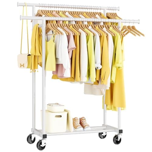 HYSEYY Double Rods Clothes Rack, Rolling Clothing Rack for Hanging Clothes Portable Wardrobe Rack, Metal Garment Rack Sturdy Coat Rack for Bedroom Laundry Living Room, White