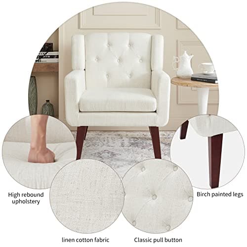 Living&Giving Accent Chair Button-Tufted Upholstered Living Room Chairs Comfy Reading Mid Century Modern with Linen Fabric Lounge Arm for Bedroom (Beige) 29.33D x 28.94W x 34.65H Inch 7