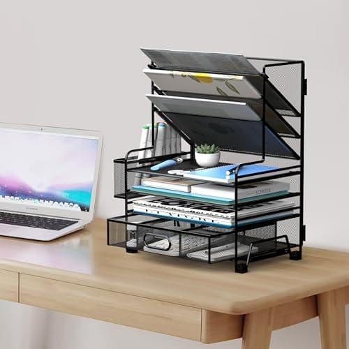 MINDEPOT 4-Tier Paper Organizer + 3-Pocket File Holder + Drawer + Pen Holders, Desktop File Organizers Paper Tray for Office Accessories School Classroom Organization (Black) 6