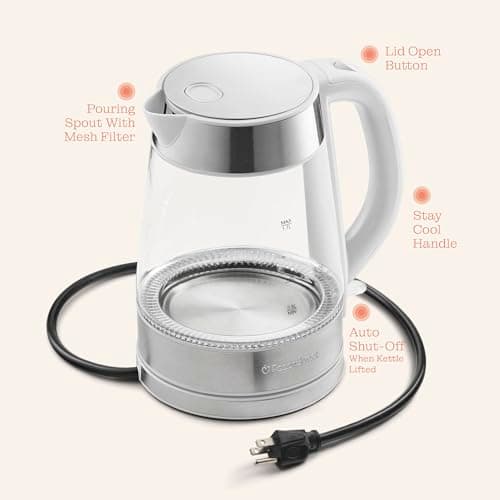 Speed-Boil Water Electric Kettle, 1.7L 1500W, Coffee & Tea Kettle Borosilicate Glass, Water Boiler, Auto Shut-Off, Cool Touch Handle, Base Detachable, LED. 360° Rotation, Boil Dry Protection (White) 9