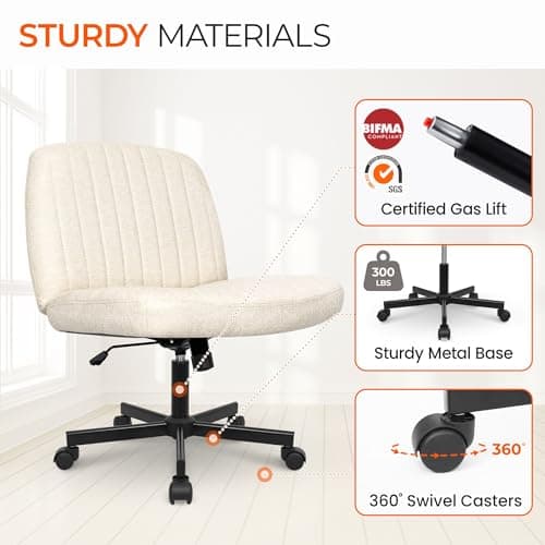 Orange Factory Criss Cross Chair Wheels Wide Cross Legged Office Desk Vanity Chair Comfy Fabric Armless Adjustable Swivel for Home Computer Task (Beige) 7
