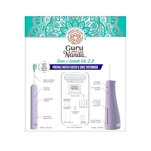 GuruNanda Lion & Lamb Kit 2.0, Electric Toothbrush with Water Flosser Combo, 4 Jet Tips, 4 Brush Heads, & IPX7 Waterproof Design for Complete Oral Care, Lavender 9