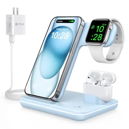 WAITIEE Wireless Charger 3 in 1 Charging Station for for iPhone 16 15 14 13 12 11 X 8 & for Apple Watch, for AirPods 1/2/3/Pro/Pro 2 with Lightning Charging Case(Blue)