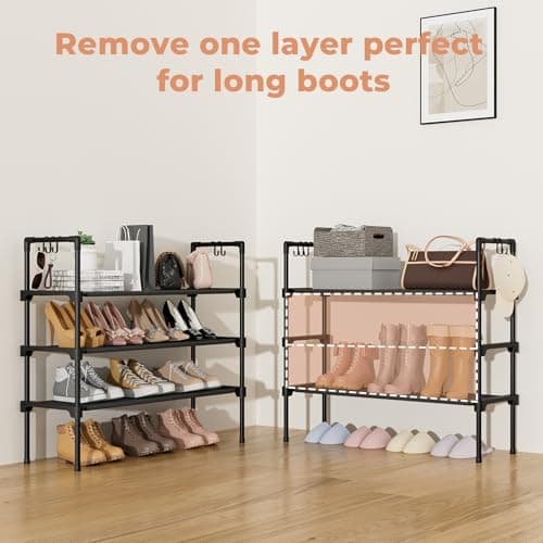 LANTEFUL 3 Tier Shoe Rack for Closet, Shoe Organizer with 5 Hooks, Long Shoe Shelf Storage for Sneaker and Boot Stackable Free Standing Shoe Rack for Entryway, Garage, Small Spaces, Dorm 6