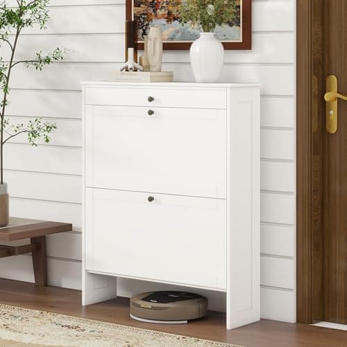 FTZxHKLX Shoe Cabinet with 2 Flip-Up Doors & Drawer, Slim Shoe Cabinet with Adjustable Shelves & Elevated Design, Freestanding Narrow Shoe Storage Organizer for Entryway, Hallway, Foyer, White 5
