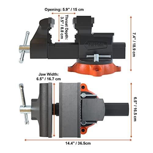 VEVOR Bench Vise, 6.5" Jaw Width 6.5" Forward &9.3" Reverse Opening, 360-Degree Swivel Locking Base Multipurpose Workbench w/Anvil, Heavy Duty Ductile Iron w/Bolts & Nuts, for Drilling, Pipe Cutting 8