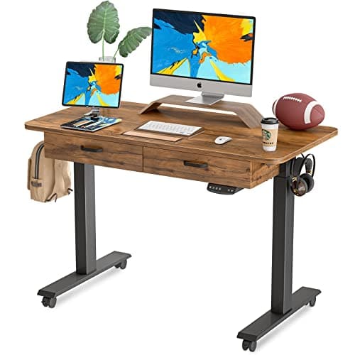 BANTI 48'' Adjustable Height Electric Standing Desk with Double Drawer, Stand Up Home Office Desk with Splice Tabletop, Rustic Brown