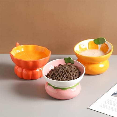 Yeexoxow Ceramic Raised/Elevated Cat Food Bowl for Indoor Cats, Anti Vomiting & Protect Pet's Spine, Cute Fruit Themed Tilted Cat Dish for Flat Faced Cats and Kitten (Orange Shaped) 6