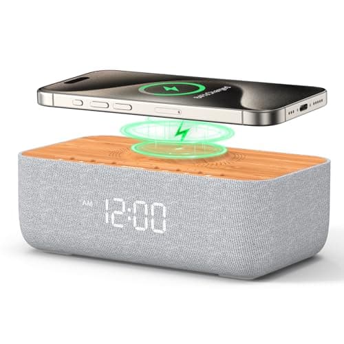 REACHER 15W Fast Magnetic Wireless Charging Alarm Clock with White Noise Machine, Woodgrain Style, 20 High‑Fidelity Sounds, Gradual Wake & Snooze, 0–100% Dimmable Digital Clock, Bedroom & Office