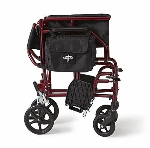 Medline Lightweight Steel Transport Chair, Folding Chair is Portable, Large 8in Back Wheels, 19in Wide Seat, Red 6