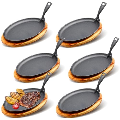 FoldTier 6 Sets Cast Iron Skillet Set 10.63'' x 6.89'' Fajita Plate Sizzling Pan with Wooden Base Anti Scald Protection Removable Handle for Restaurant Kitchen Cooking Accessory BBQ Party