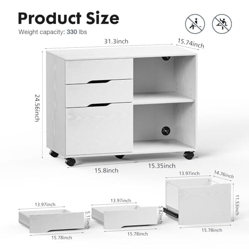 DUMOS Lateral File Cabinet with 3 Drawers, Rolling Wooden Printer Stand Under Desk Storage Organizer with 4 Wheels Adjustable Shelf for Office Home, White 8