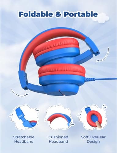 iClever Kids Headphones for School Travel, Safe Volume Limited, HD Mic Stereo Sound Over-Ear Girls Boys Headphones for Kid, FunShare Foldable 3.5mm Wired for iPad Computer, HS19 5