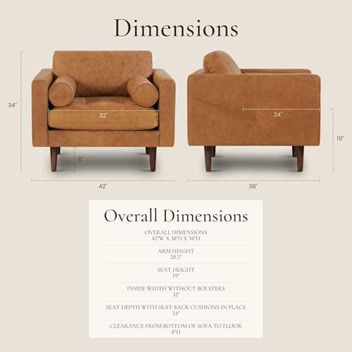 POLY & BARK Napa Lounge Chair – 42” – Cognac Tan – Italian-Tanned Full-Grain Pure-Aniline Leather, Feather-Down Cushions, Solid Wood Frame 2