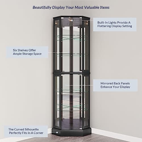 BELLEZE Lighted 3-Side Glass Display Curio Cabinet with Tempered Glass Doors and Shelves, Curved Wood Corner Cabinet with Bulb, Corner Curio Storage Rack for Bar and Liquor Storage - Ashfield (Black) 5