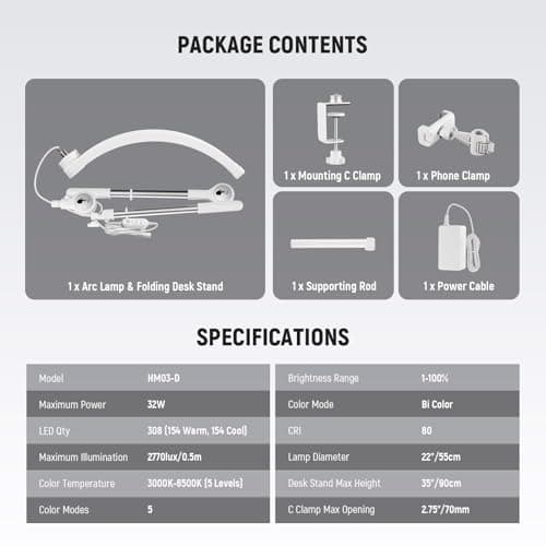 NEEWER Basics 22" Half Moon Lash Light with Articulating Desk Clamp Mount Stand/Phone Holder, 32W Foldable LED Nail Tech Table Arc Lamp for Makeup Beauty Tattoo Overhead Video Recording, HM03-D 8