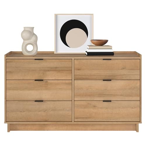 Prepac Simply Modern 6-Drawer Double Dresser for Bedroom, Chest of Drawers, Modern Bedroom Furniture, 52.5” Wide x 16” deep x 29.5” Tall, Oak