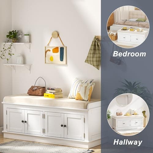 ROOMTEC 42.7″ Storage Bench w/4 Doors and Adjustable Shelves, ShoeBench w/Removable Cushion & Seating for Entryway Living Room Hallway Bedroom, Assembled White 5