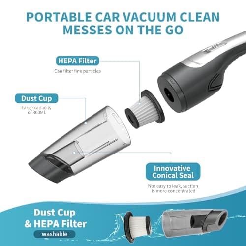 ToCzernobgol Handheld Vacuum Cordless Car Vacuum with 8000Pa Powerful Suction, Multiple Accessories, Portable Rechargeable Mini Wireless Vacuum Cleaner for Car, Desk Home, Office, Pet Hair 6