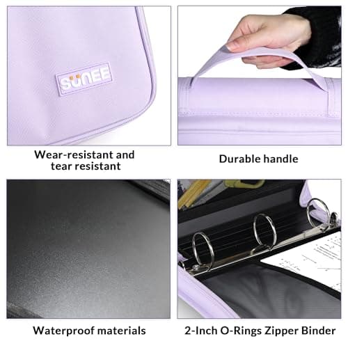 SUNEE Zippered Binder Bag with Handle, 2-Inch 3-Ring O-Ring, 500-Sheet Capacity, Includes Zip Pocket, 5-Tab Expanding File Folder, Multi-Pocket Organizer Binder Suitable for Middle School, Purple 5