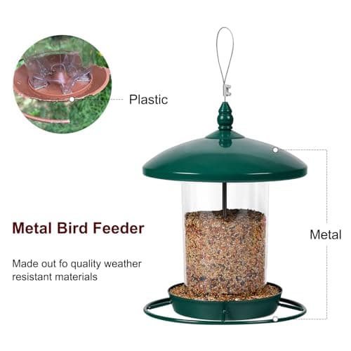 Metal Bird Feeder for Outdoors Hanging,3.0LB Seed Feeder,Easy to Fill & Clean,360° Feeding,Chew Proof Weatherproof Roof for Gardens and Wild Birds,Green 7