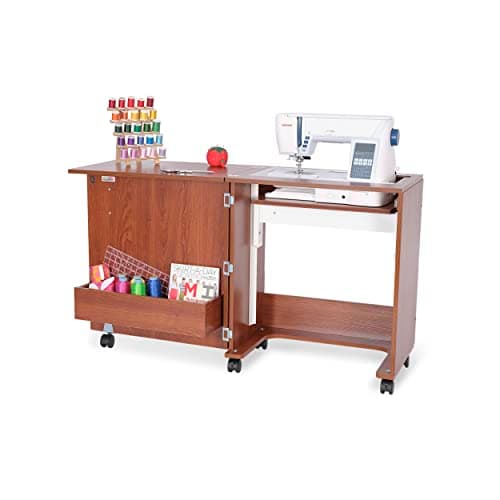 Arrow Sewing Classic Furniture “Judy” Sewing Cabinet: Portable, Folding, Compact, Locking Wheels, with Storage Bin and Hydraulic Machine Lift-Teak 7