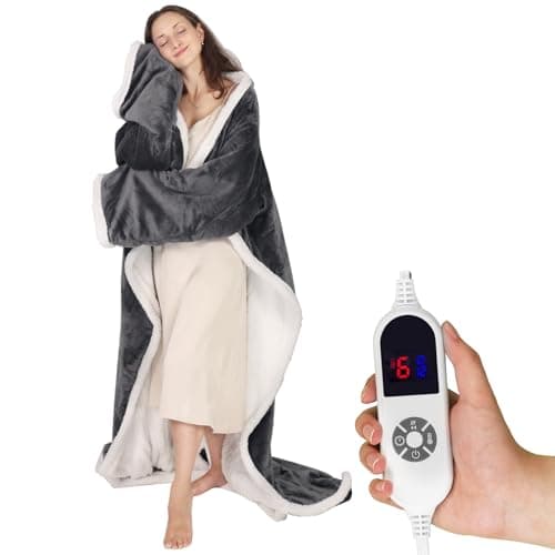 Butizone Heated Throw Blanket with Sleeves, Wearable Electric Blanket with Foot Pocket, 6 Adjustable Heat Settings, 70 * 50", Cozy Flannel and Sherpa, Dark Grey