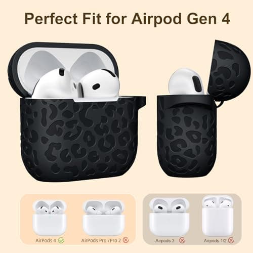 DGege Leopard Engraved for AirPods 4 Case Cover 2024,Soft Silicone Protective Case Compatible with Apple AirPods 4th Generation Case for Women,Cute AirPod 4 Case Accessories with Keychain (Black) 5