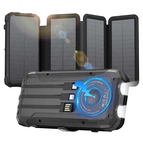 Solar Power Bank 20000mAh Portable Charger Built-in 3 Cables and Wireless Charging Battery Pack Compatible for iPhone, Samsung, IPX5 Waterproof, Bright Flashlight Perfect for Camping,Hiking,Outdoor