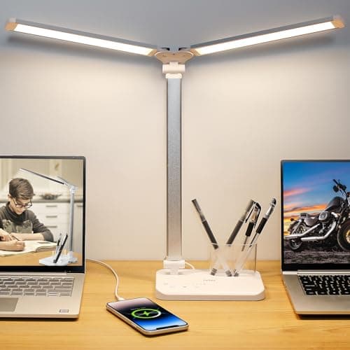 iVict Dual Swing Arm LED Desk Lamps, 5 Light Modes x 10 Brightness Levels Desk Light with USB Charging Port, 45 Minutes Auto Timer Table Lamp, Desk Lamp for Home Office, Bedroom, Reading/Study