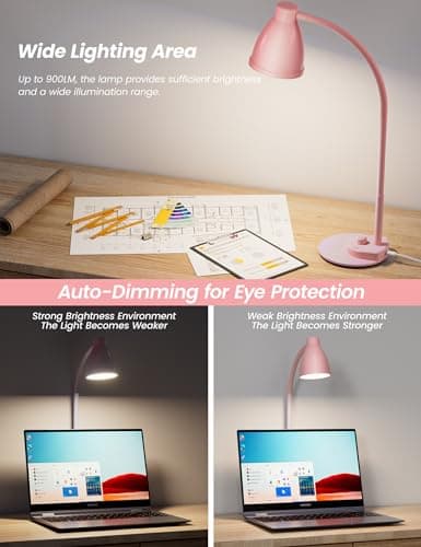 BOHON Cute Desk Lamp with USB Charging Port, Pink Lamp 3 Color Modes Dimmable LED Reading Lamp, Flexible Neck Auto Dimming Table Task Light for Home Office Dorm Bedside, Pink 5