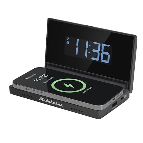 Studebaker Techmate All-in-One: Portable Travel Clock, Wireless & Wired Phone Charger, Bluetooth Speaker, and Power Bank (Black)