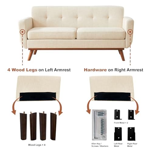 Kingfun 65.2" W Loveseat Sofa, Mid Century Modern Decor Love Seat Couches for Living Room, Button Tufted Upholstered Furniture, Solid & Easy to Install Small Couch for Bedroom Office Apartment, Beige 5