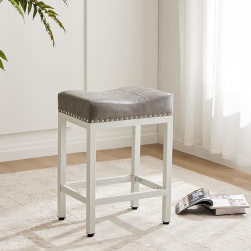 DUMOS Saddle Bar Stools Set of 4, 24 Inch Counter Height Stools with Curved PU Leather Surface, 3.7" Thick Upholstery Bar Height Stools with Footrest for Kitchen Island, Dining, Cafe, Gray 2