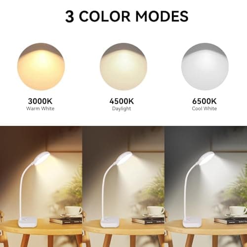 White Small Battery Powered Desk Lamp,Battery operated lamp,5W Rechargeable desk light,3 Colors,Adjustable brightness,360°Gooseneck Hose,Cordless lamps for small spaces,Eye-friendly and Energy Saving 5