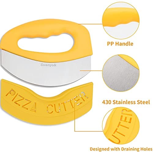 Suanyok Premium Pizza Cutter Food Chopper-Super Sharp Blade Stainless Steel Pizza Cutter Rocker Slicer with Protective Sheath Multi Function Pizza Knife Kitchen Tools,Dishwasher Safe (Yellow) 5