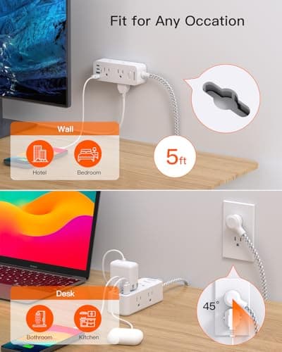 Power Strip Surge Protector, BESHON 5Ft Extension Cord, 6 Outlets with 4 USB Ports (2 USB C Outlet), 3-Side Outlet Extender, Wall Mount, Compact for Travel, Home, College Dorm Room and Office 6