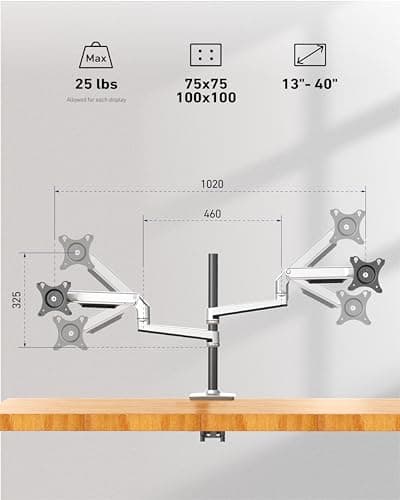 Heavy Duty Quad Monitor Mount Desk Stand, Mechanical Spring 4 Monitor Arm Fits Four 13-40 Inch Screens up to 25 lbs Each, Fully Motion VESA Mount Base (C-Clamp/Grommet), Premium Aluminum, Silver 7