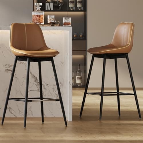 VASAGLE Bar Stools Set of 2, Bar Height Bar Stools with Back, Ergonomic Backrest, Synthetic Leather, Metal Legs, 28.5-Inch Tall Barstools for Kitchen Island Home Bar, Easy Assembly, Caramel Brown