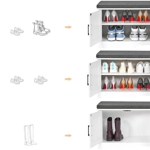 HOMSHO 2-Tier Storage Bench, 47.2" Wide Shoe Bench with Padded Seat Cushion, Entryway Bench with 4 Barn Doors and Adjustable Shelf, White 5