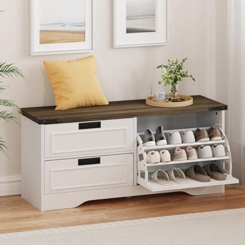 FATORRI Shoe Storage Bench with Flip Drawer, Wooden Entryway Bench, Modern Shoe Cabinet with Removable Drawers for Hallway, Living Room (Walnut Brown & White Oak)