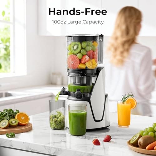 EanOruus Juicer Machines, 3-in-1 Cold Press Juicer with 6.5" Extra Large Chute, 100oz Large Capacity, AC Motor, Makes Juice, Nut Milk & Sorbet, Bright White 5