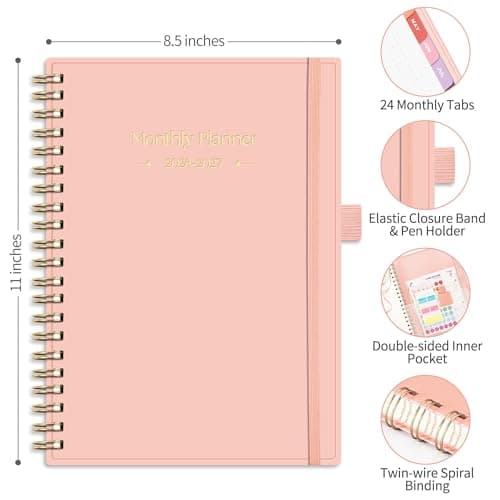RETTACY 2026-2027 Monthly Planner, Jan 2026 - Dec 2027, Large Size (8.5" x 11"), Agenda, Calendar, 24 Month Tabs, Flexible Plastic Cover, 100 GSM Thick Paper, Spiral-bound (Pink) 6