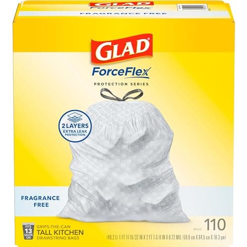 Glad ForceFlex Tall Kitchen Drawstring Trash Bags, 13 Gal, Fragrance Free, 110 Ct, Pack May Vary