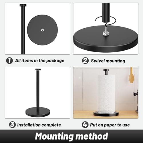 VEHHE Black Paper Towel Holder Countertop, Stainless Steel Paper Towel Holder Stand with Weighted Base Suction Cups for Kitchen Bathroom 5