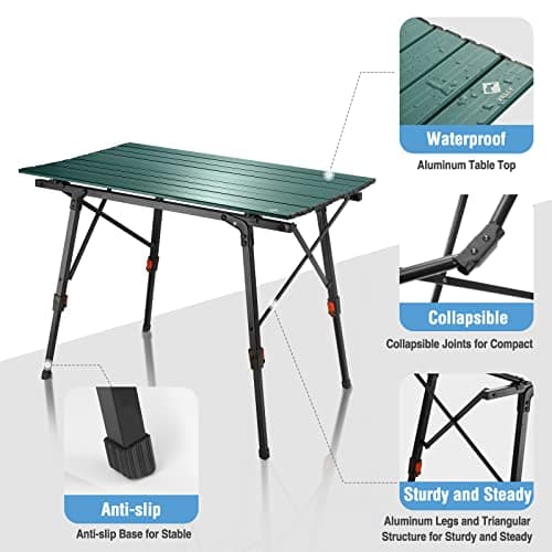 VILLEY Portable Camping Table with Adjustable Legs, Lightweight Aluminum Folding Beach Table with Carrying Bag for Outdoor Cooking, Picnic, Beach, Backyards, BBQ and Party - Green 7