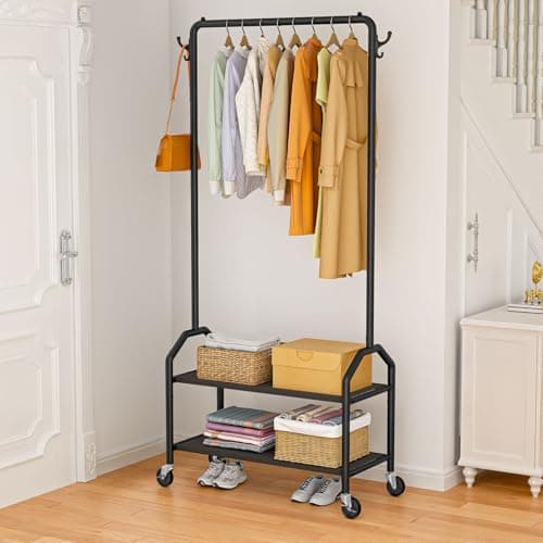 Wiracks Clothes Rack for Hanging Clothes with Bottom Shelves Heightened Rolling Clothing Rack 2" Industrial Wheels 35" W x 16" D X 75" H 600D Oxford Clothes Welded Integrated Reinforced Widened Base 8