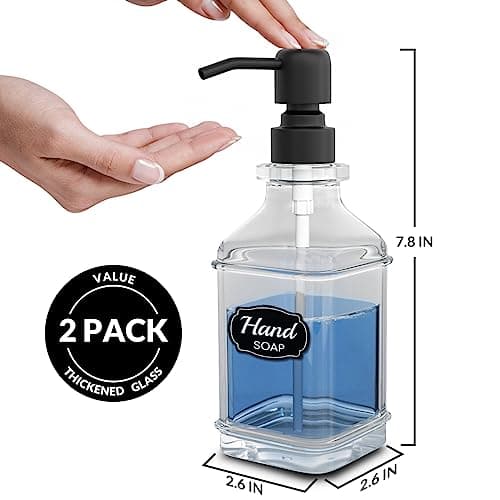 LMQML Soap Dispenser - 2 Pack, Antique Design Thick Glass Hand Soap Dispensers with Sturdy Tray; 304 Rust Proof Stainless Steel Black Pump, 12Pcs Stickers, for Kitchen, Bathroom 3
