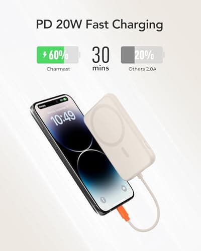 charmast Slim Portable Charger, 5000mAh Fast Charging Power Bank Built in for iPhone Cable, Digital Display Battery Pack Compatible with iPhone 14/14 Pro Max/13/13 Pro Max/12/11/XR/X (No-Wireless) 5